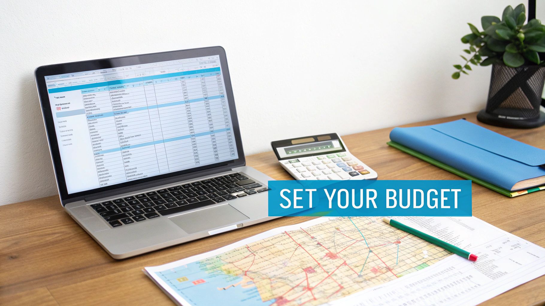 A desk with a laptop showing a budget spreadsheet, calculator, map, and a 'SET YOUR BUDGET' banner.