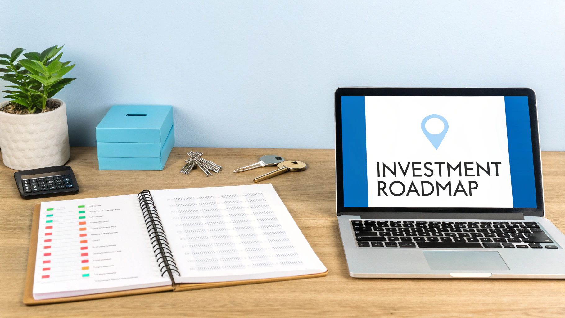 A desk with a laptop displaying 'INVESTMENT ROADMAP', keys, a calculator, and a notebook for financial planning.