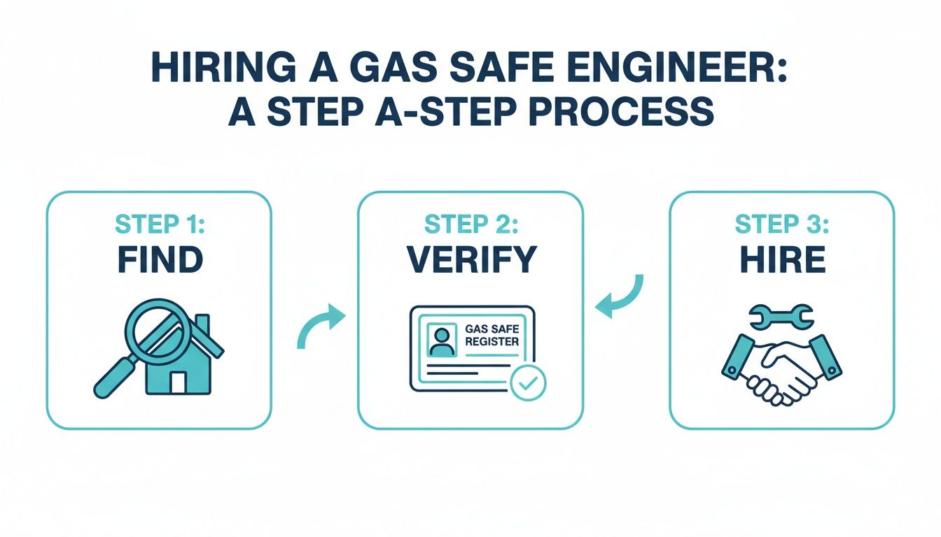 A three-step guide to hiring a gas safe engineer: Find, Verify, and Hire.