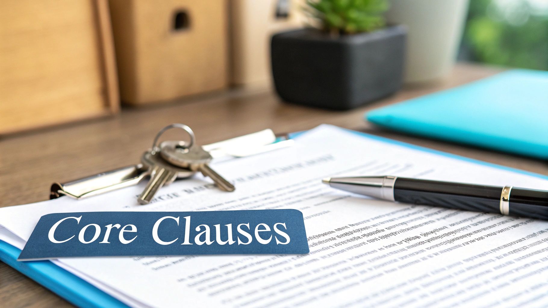 A legal document titled 'Core Clauses' with house keys and a pen on a wooden desk.