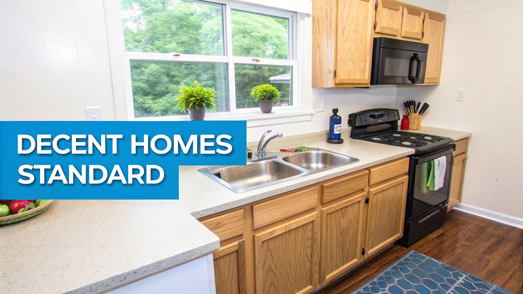 A bright kitchen featuring wooden cabinets, a double sink, black oven, and microwave with a window view.