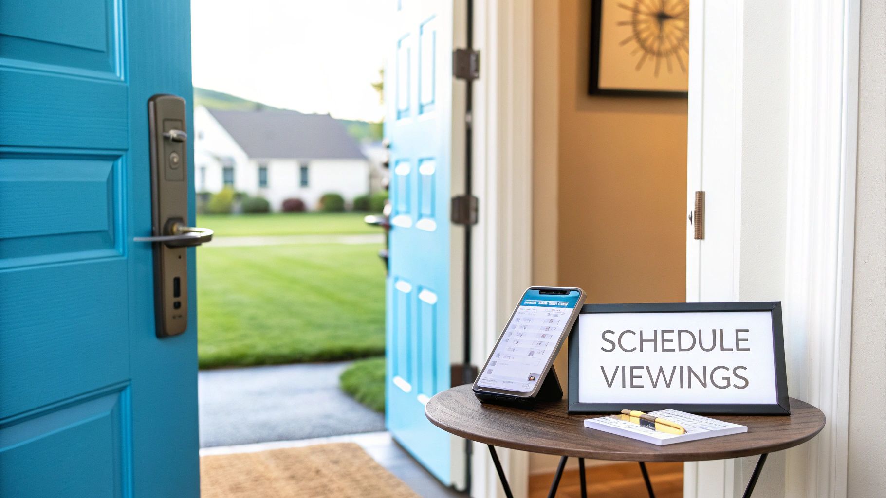 An open blue door reveals a house exterior, with a table displaying 'SCHEDULE VIEWINGS' sign and a smartphone inside.