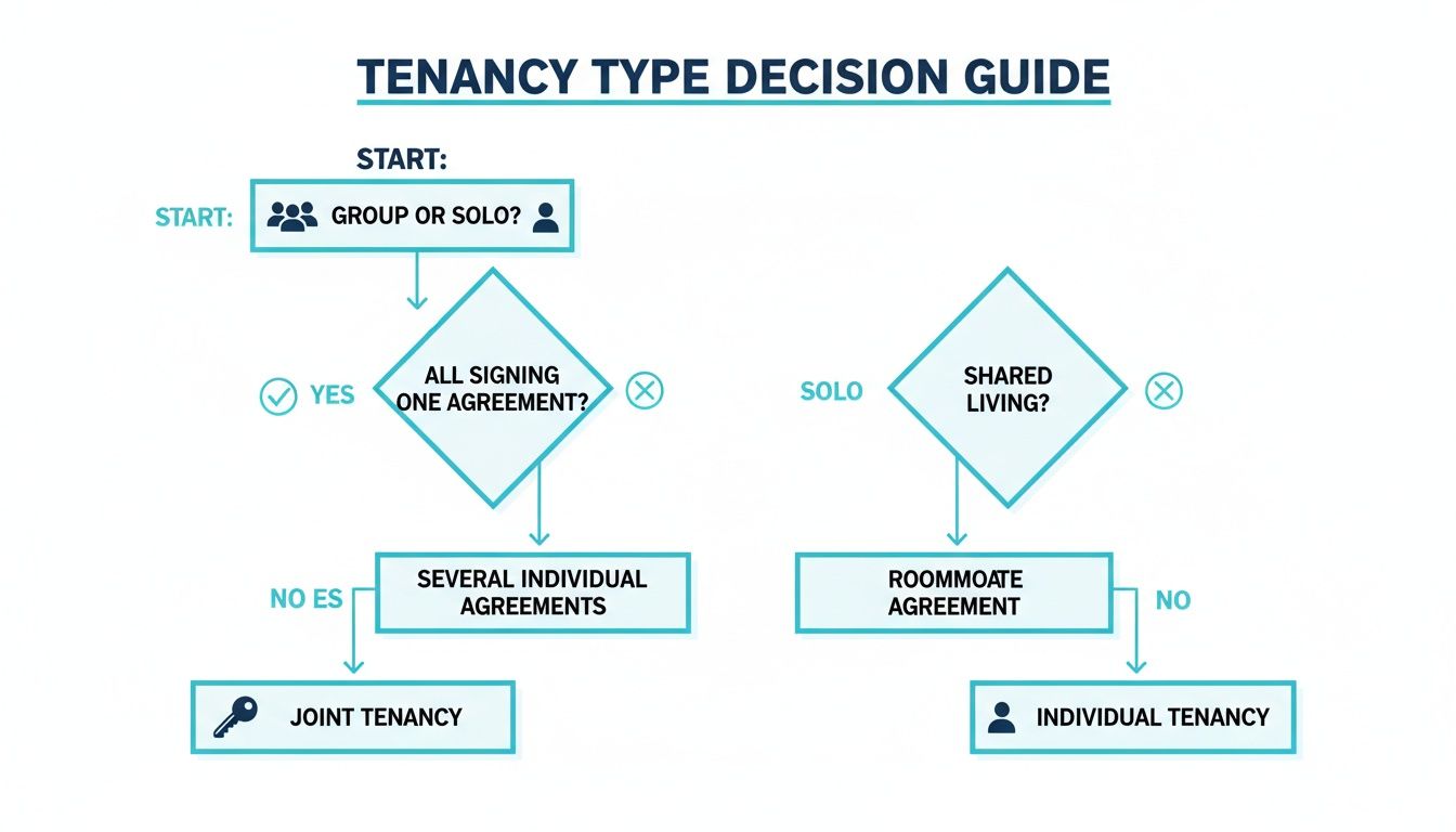 Flowchart guide for tenancy types: group vs solo, shared living, joint vs individual tenancy.