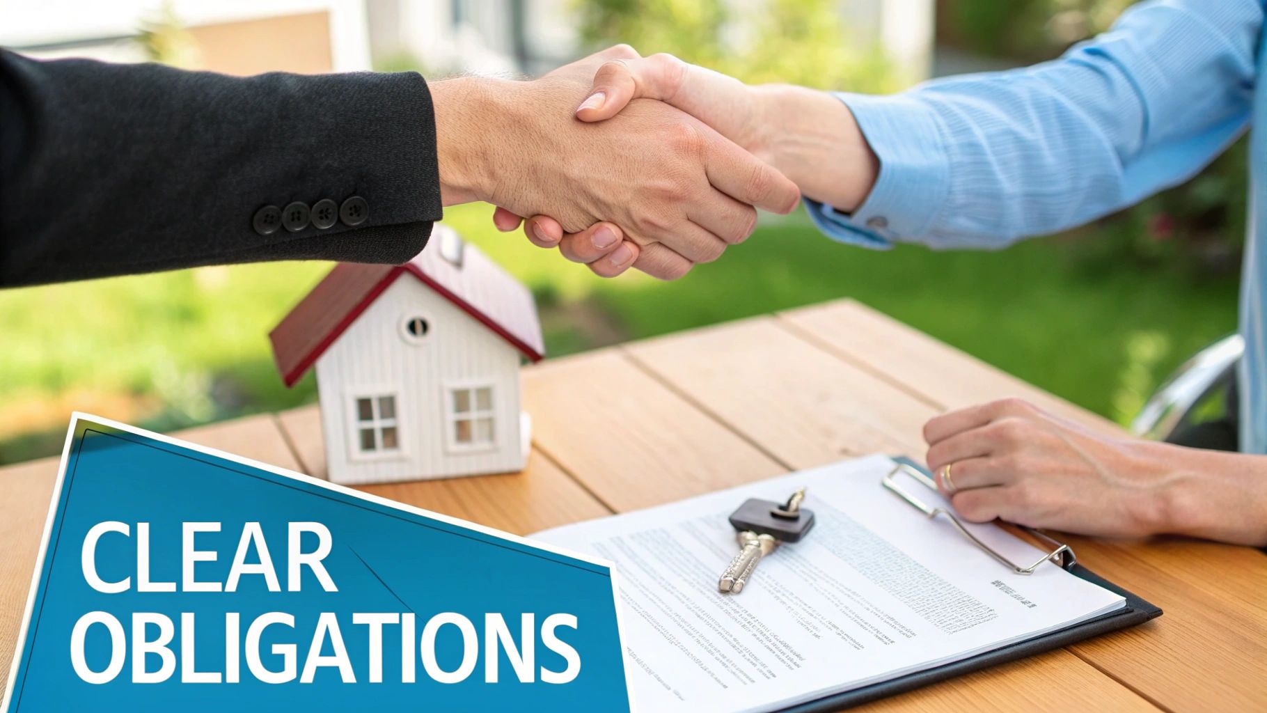 A handshake between two individuals over a table with a model house, keys, and contract documents.