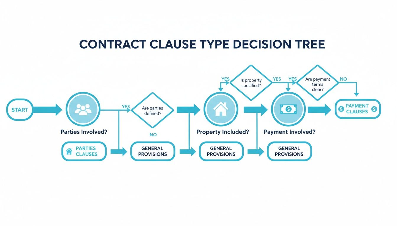 A contract clause type decision tree flowchart, illustrating paths for parties, property, and payment clauses.