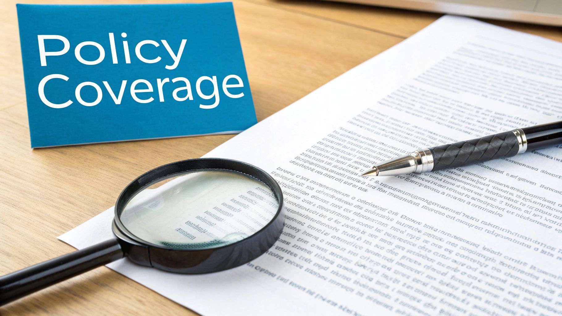 A 'Policy Coverage' card, magnifying glass, pen, and document on a wooden desk.