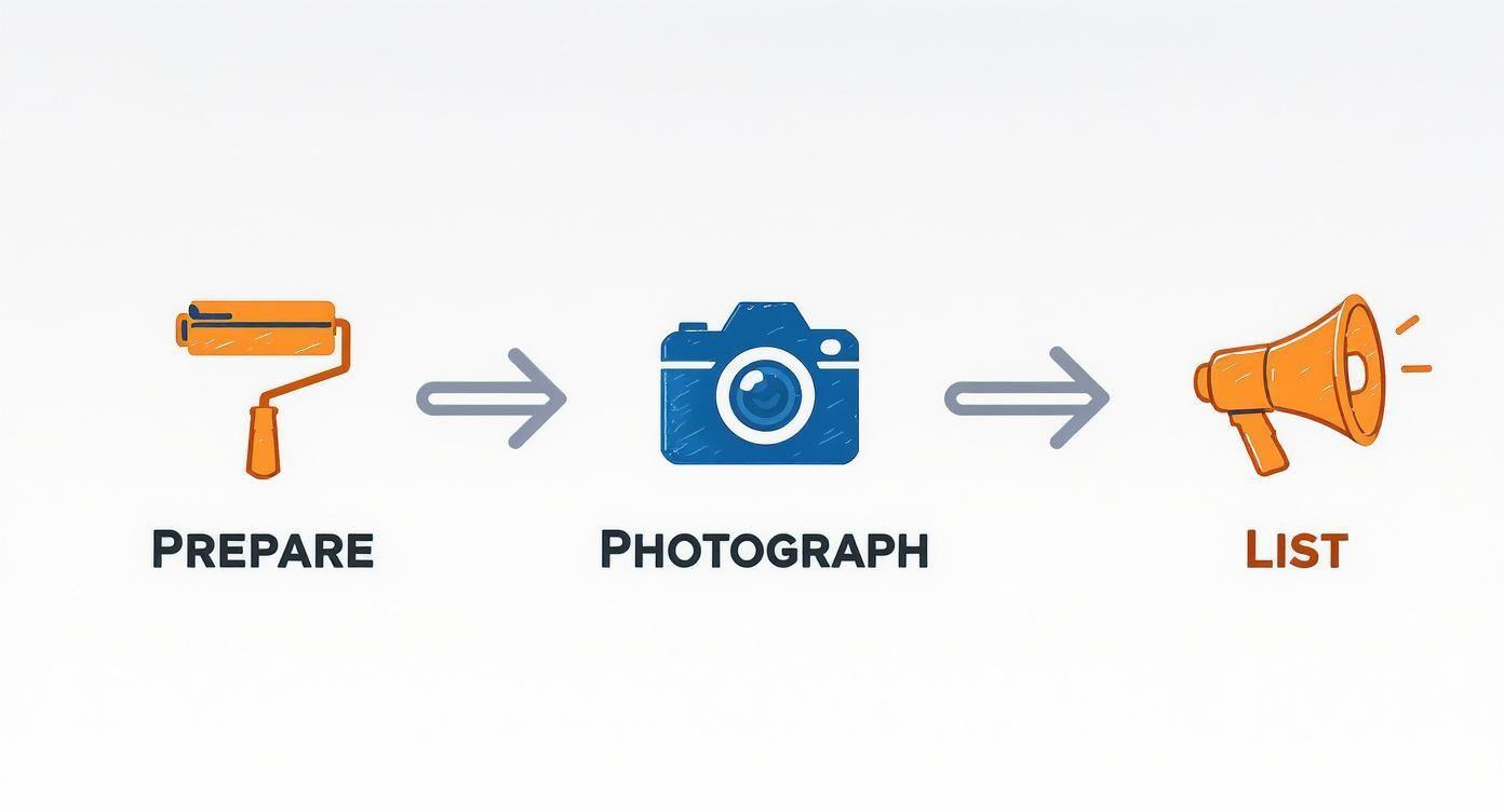 An infographic showing a three-step process: prepare (paint roller icon), photograph (camera icon), and list (megaphone icon).