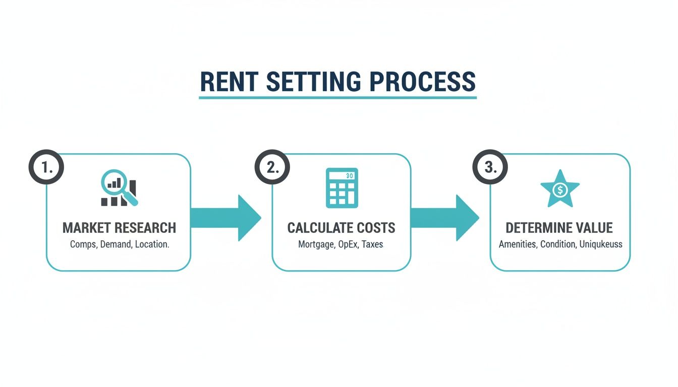 Infographic showing a three-step rent setting process: market research, cost calculation, and value determination.