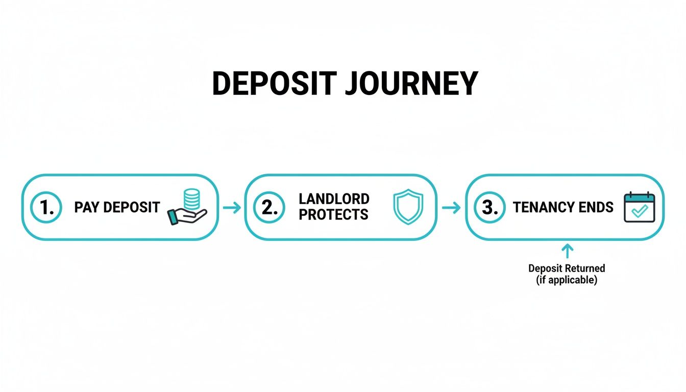 A flowchart illustrating the three steps of a tenancy deposit journey: Pay Deposit, Landlord Protects, and Tenancy Ends, with deposit return indicated.