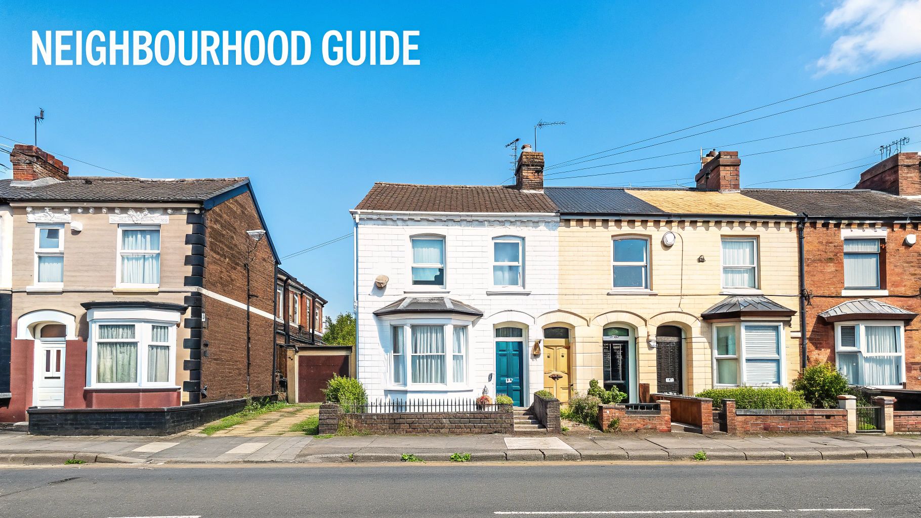 A vibrant street view of colorful terraced houses under a bright blue sky, with 'NEIGHBOURHOOD GUIDE' text.