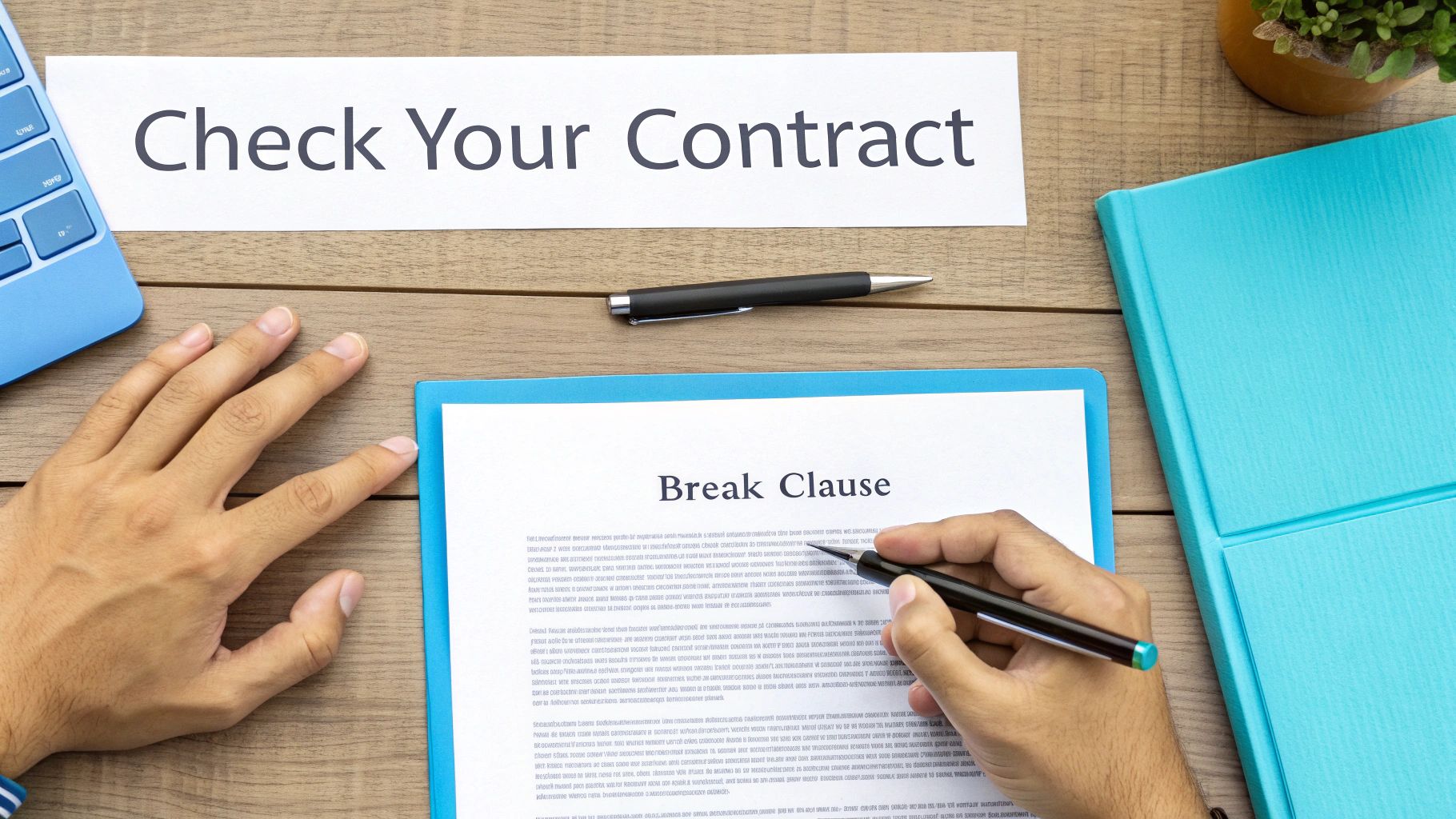 A person reviews a contract with a pen, focusing on a 'Break Clause' section, with a 'Check Your Contract' sign nearby.