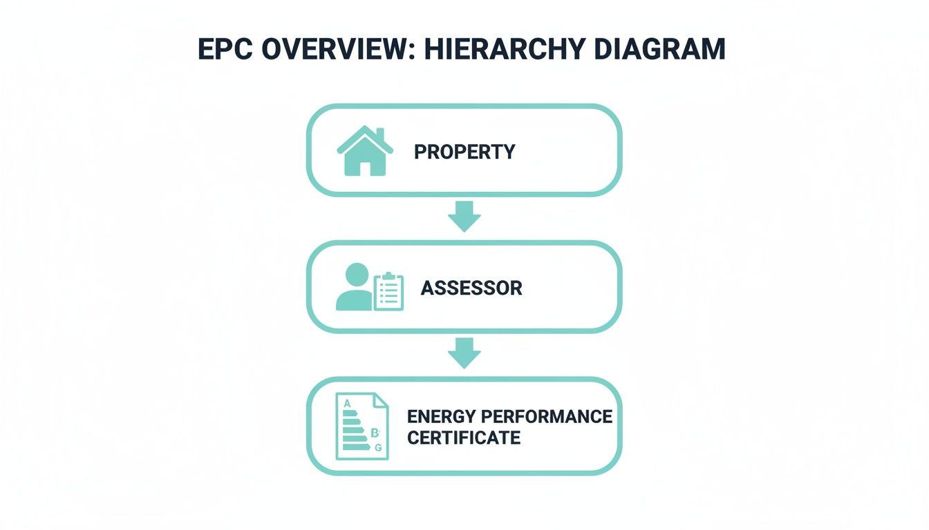 A hierarchy diagram showing the process of obtaining an Energy Performance Certificate (EPC): Property, then Assessor, leading to the Energy Performance Certificate.