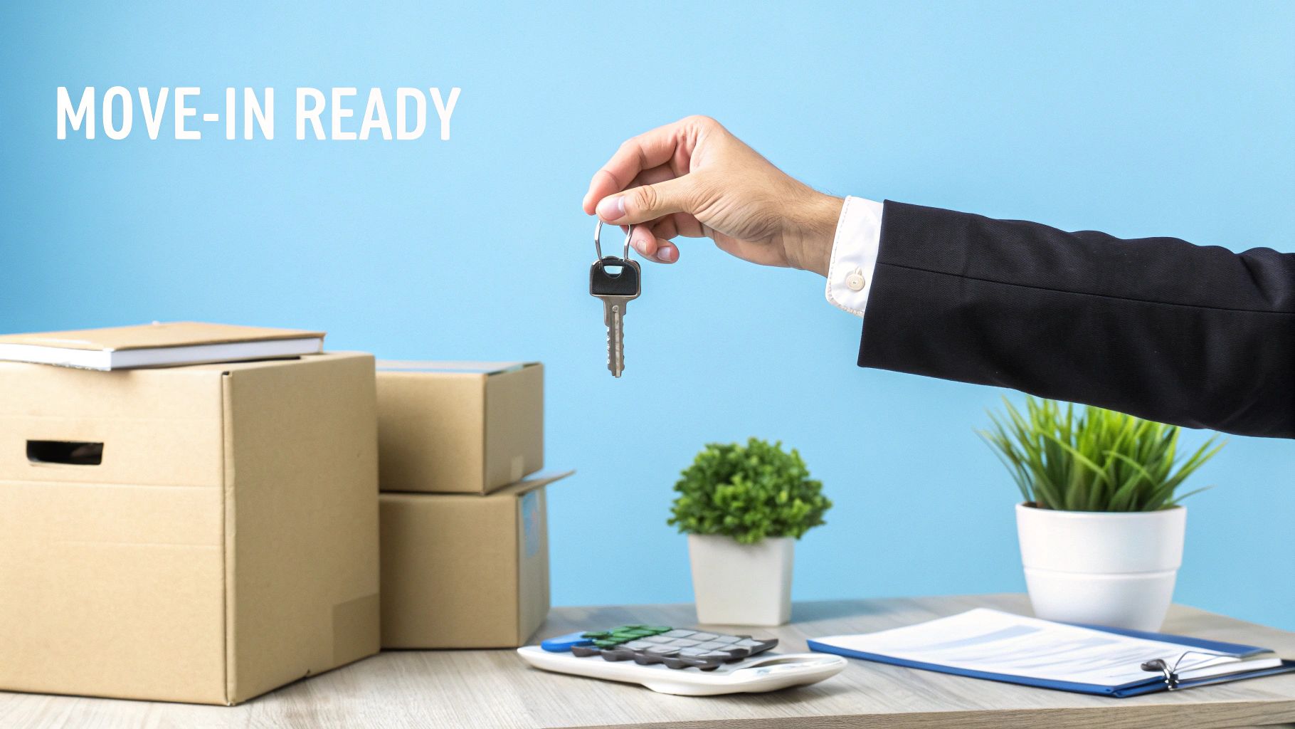 A hand in a suit holds a house key above moving boxes and a desk with office items, text says 'MOVE-IN READY'.
