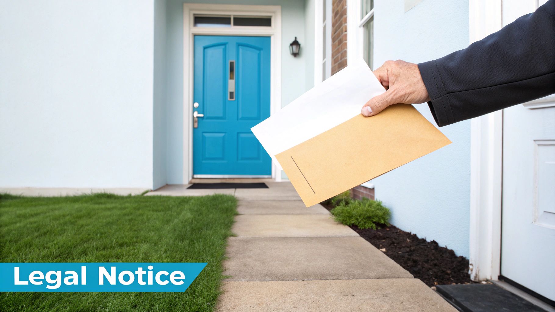 A hand delivers a 'Legal Notice' in a brown envelope to a doorstep with a blue door.