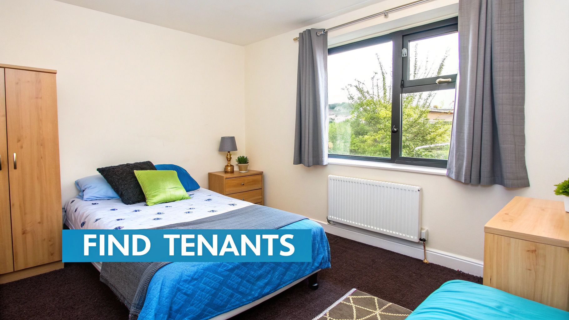 A bright, simple bedroom featuring a single bed, wooden wardrobe, bedside table, and window with curtains.