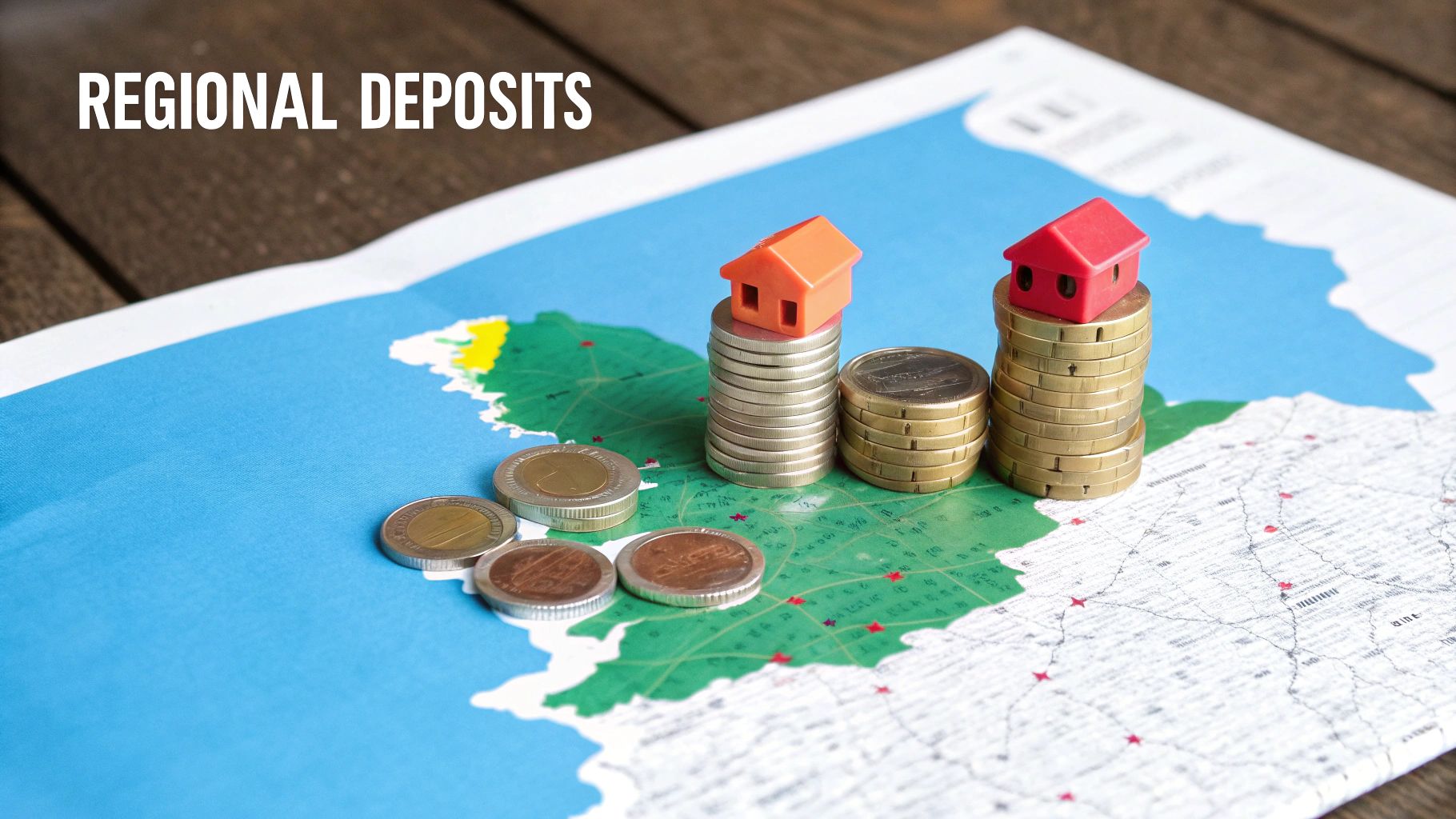 Regional map with coin stacks and miniature houses, representing regional deposits and real estate.