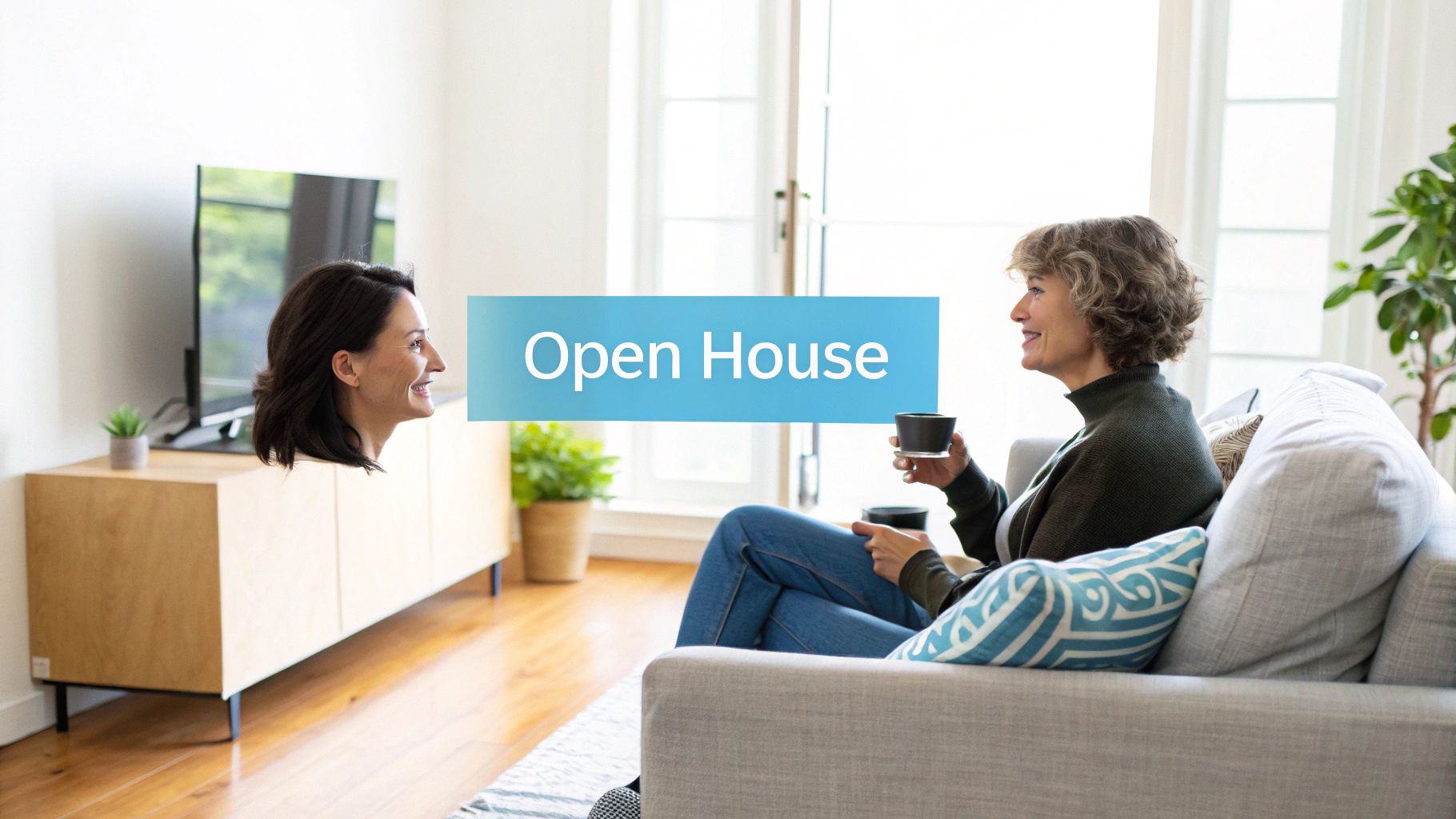 A homeowner warmly shakes hands with a potential lodger in a bright, clean living room.