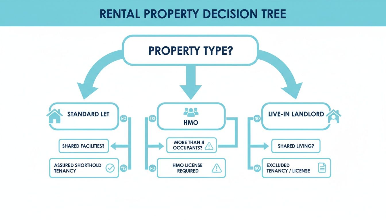 Decision tree flowchart for rental property types: Standard Let, HMO, and Live-in Landlord, guiding through tenancy requirements.