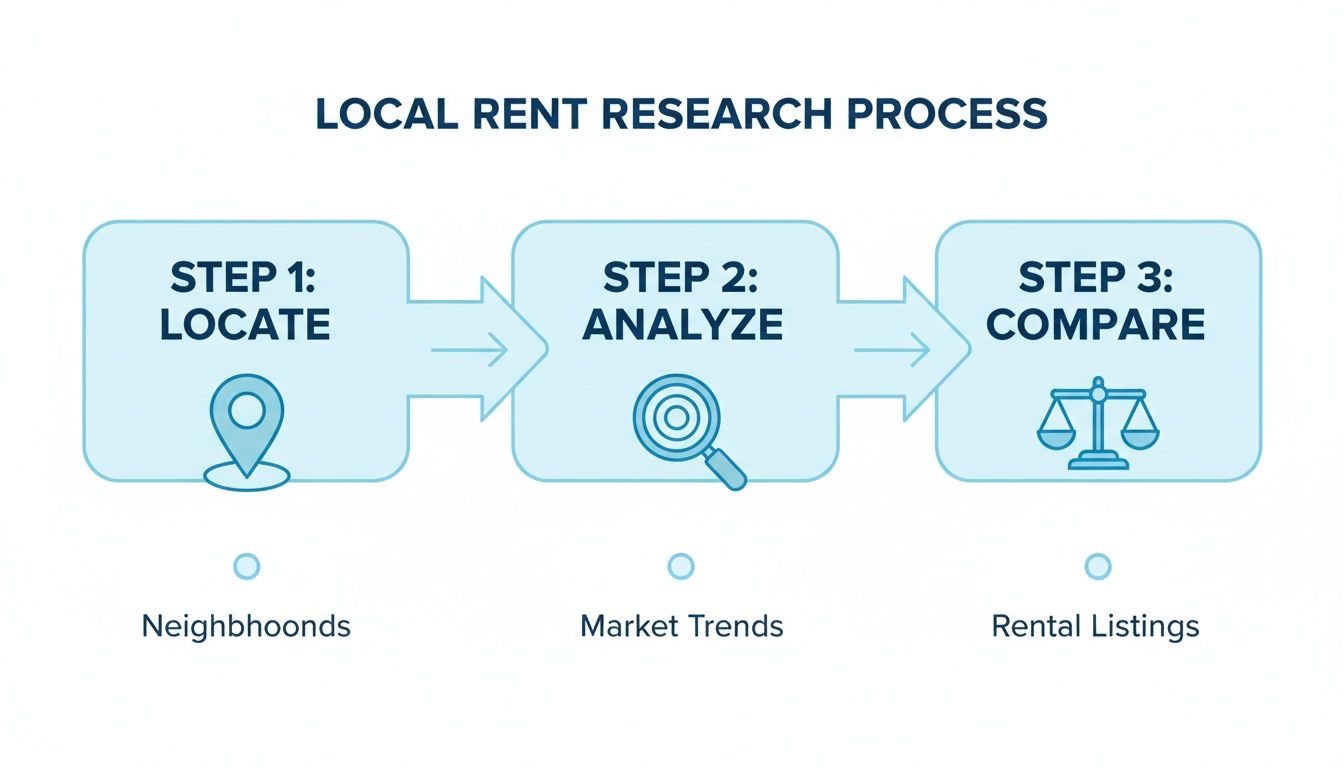 A three-step process for local rent research, including locating neighborhoods, analyzing market trends, and comparing rental listings.