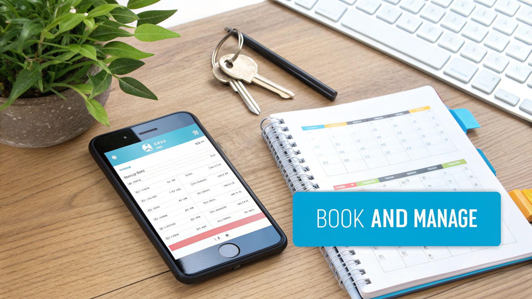 Smartphone displaying booking calendar app beside planner and keys on desk for property management
