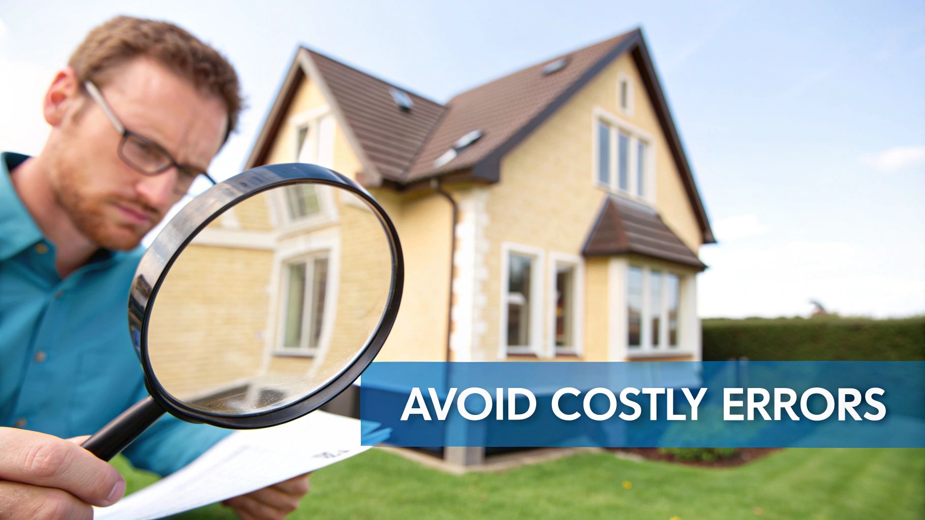 A man with glasses uses a magnifying glass to inspect documents in front of a house, with text "AVOID COSTLY ERRORS".