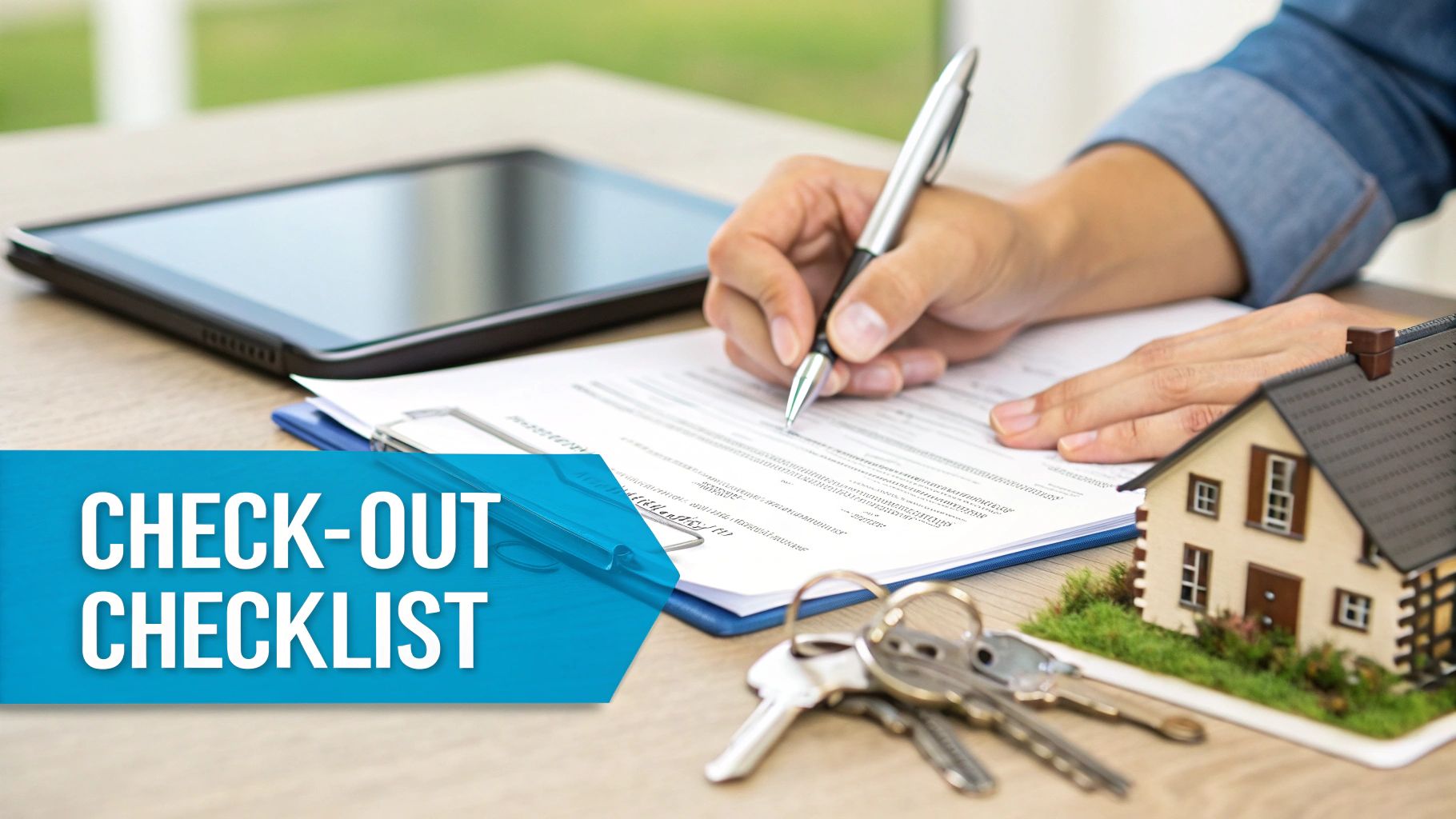 A hand signing a check-out checklist document, with house keys and a model home on a table.