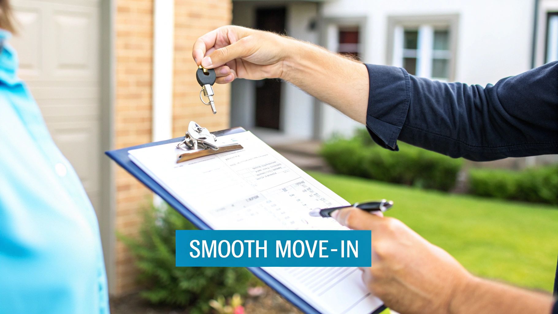 A person hands over house keys and a clipboard with a pen, signifying a smooth move-in process.