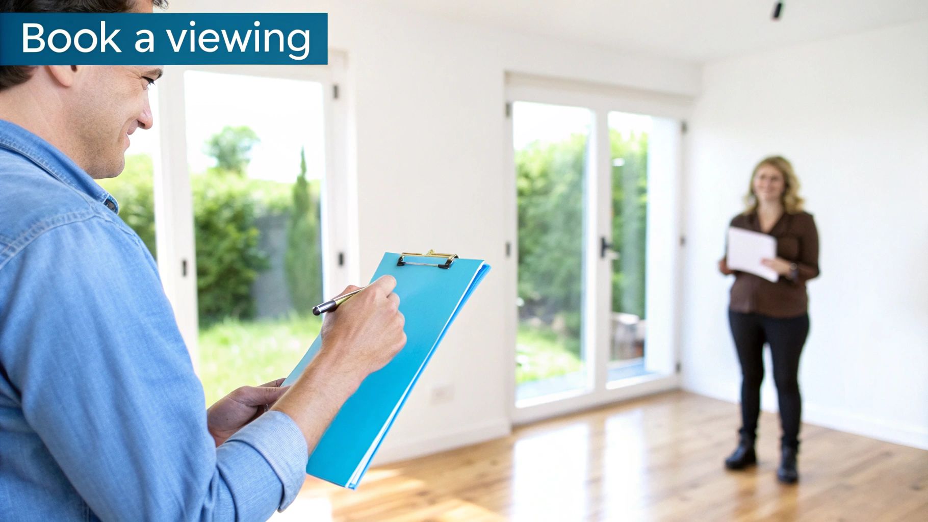 A man inspects an empty room with a clipboard, while a woman waits for a property viewing.