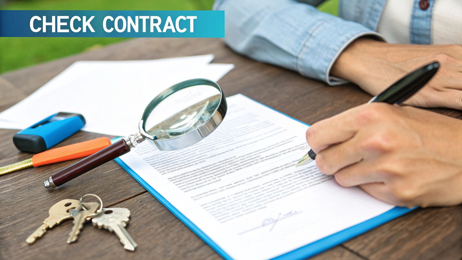 Person's hands signing a document with a pen, a magnifying glass, and keys on a wooden table, emphasizing contract review.
