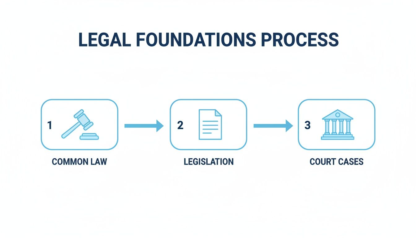 Flowchart illustrating the Legal Foundations Process in three steps: Common Law, Legislation, and Court Cases.