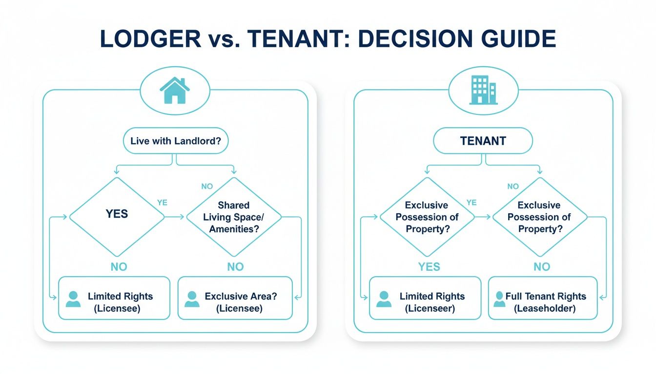 Flowchart decision guide comparing lodger vs. tenant rights based on landlord presence and property possession.
