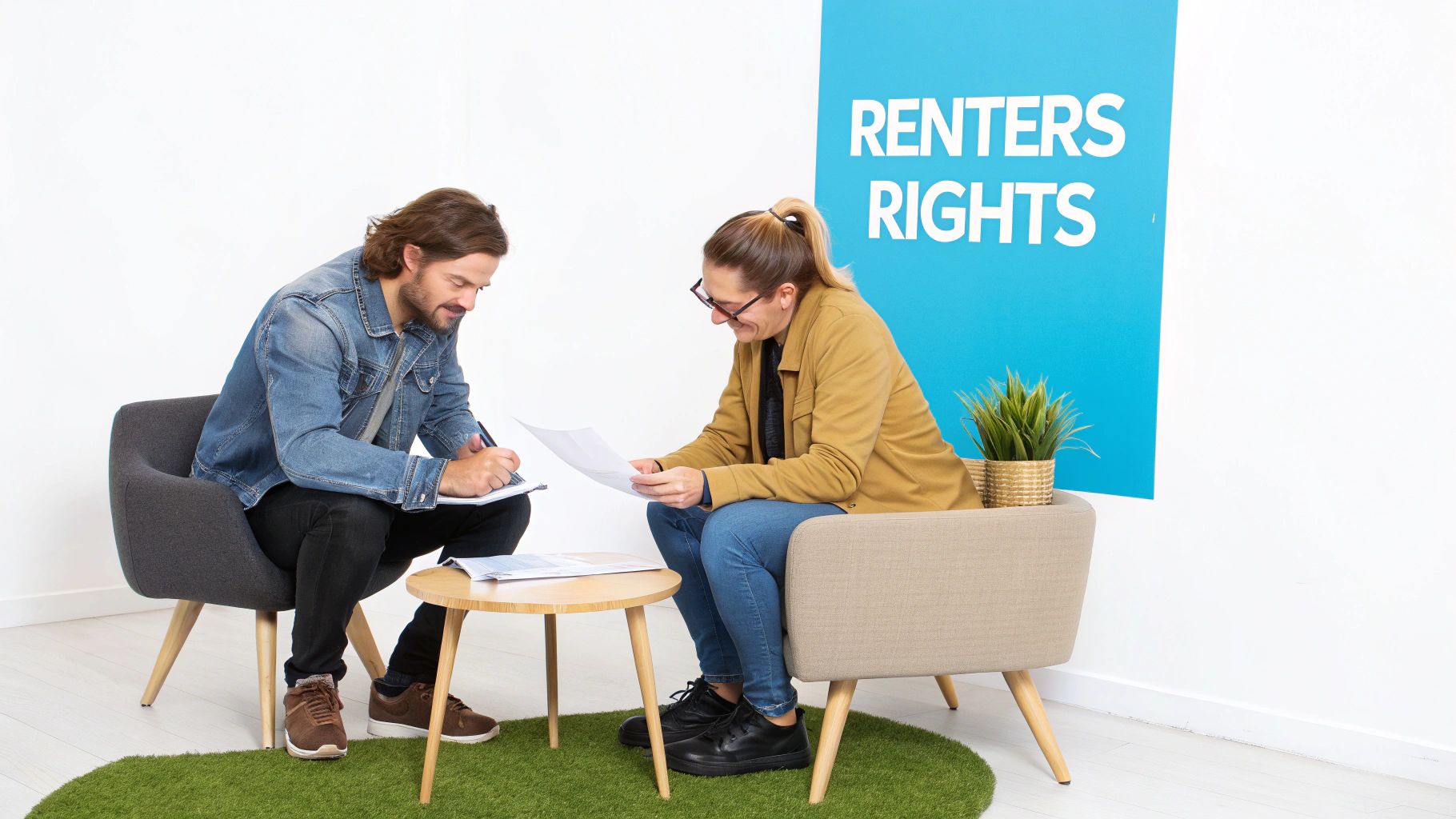 Two people discussing documents with a 'RENTERS RIGHTS' sign, one person is writing.