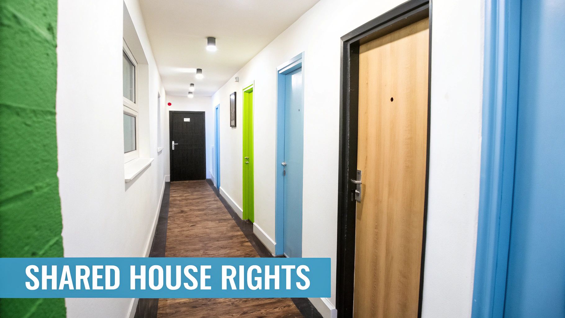 Long hallway in a shared house with a window and multiple colorful doors, including black, green, and blue.