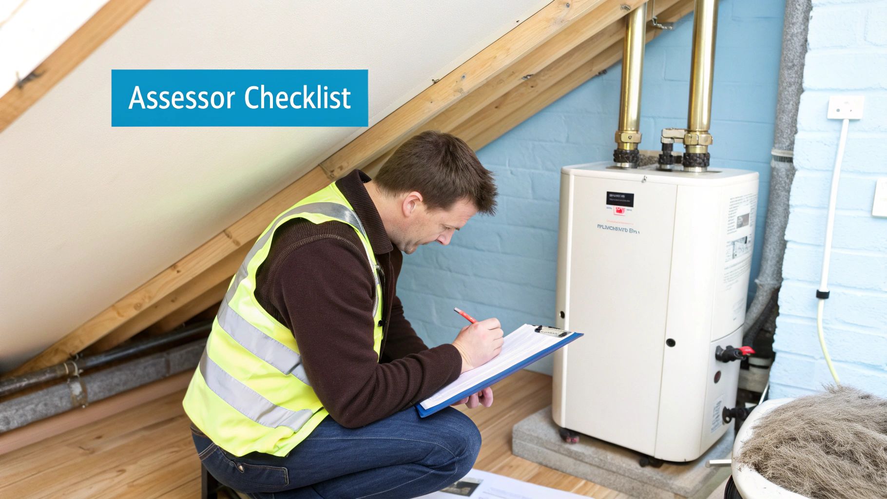 Man in hi-vis vest inspecting a boiler in an attic, holding a clipboard and pen.