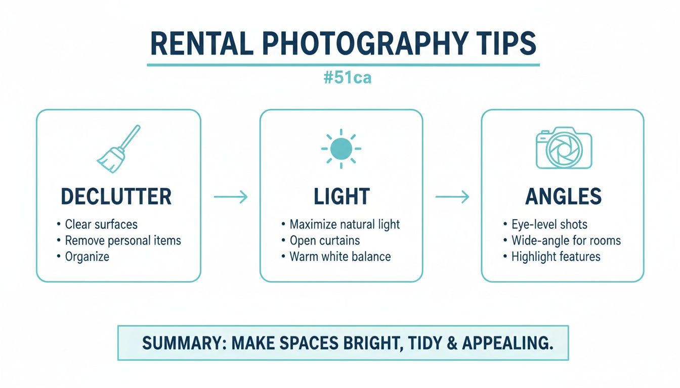 Infographic showing rental photography tips: declutter, light, and angles for appealing spaces.