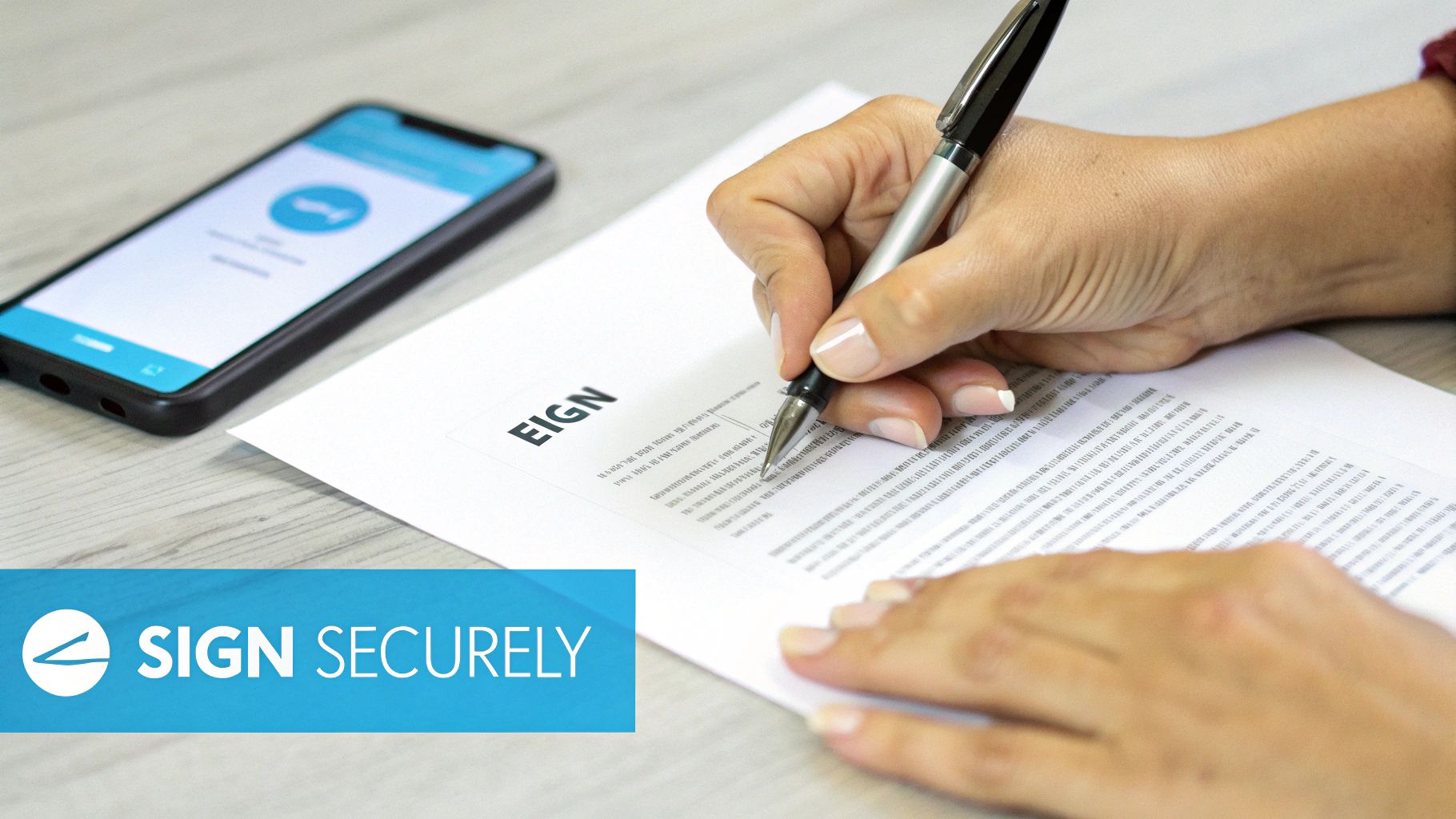 Hands signing a document with a pen, a smartphone displaying an app, and a 'SIGN SECURELY' banner.