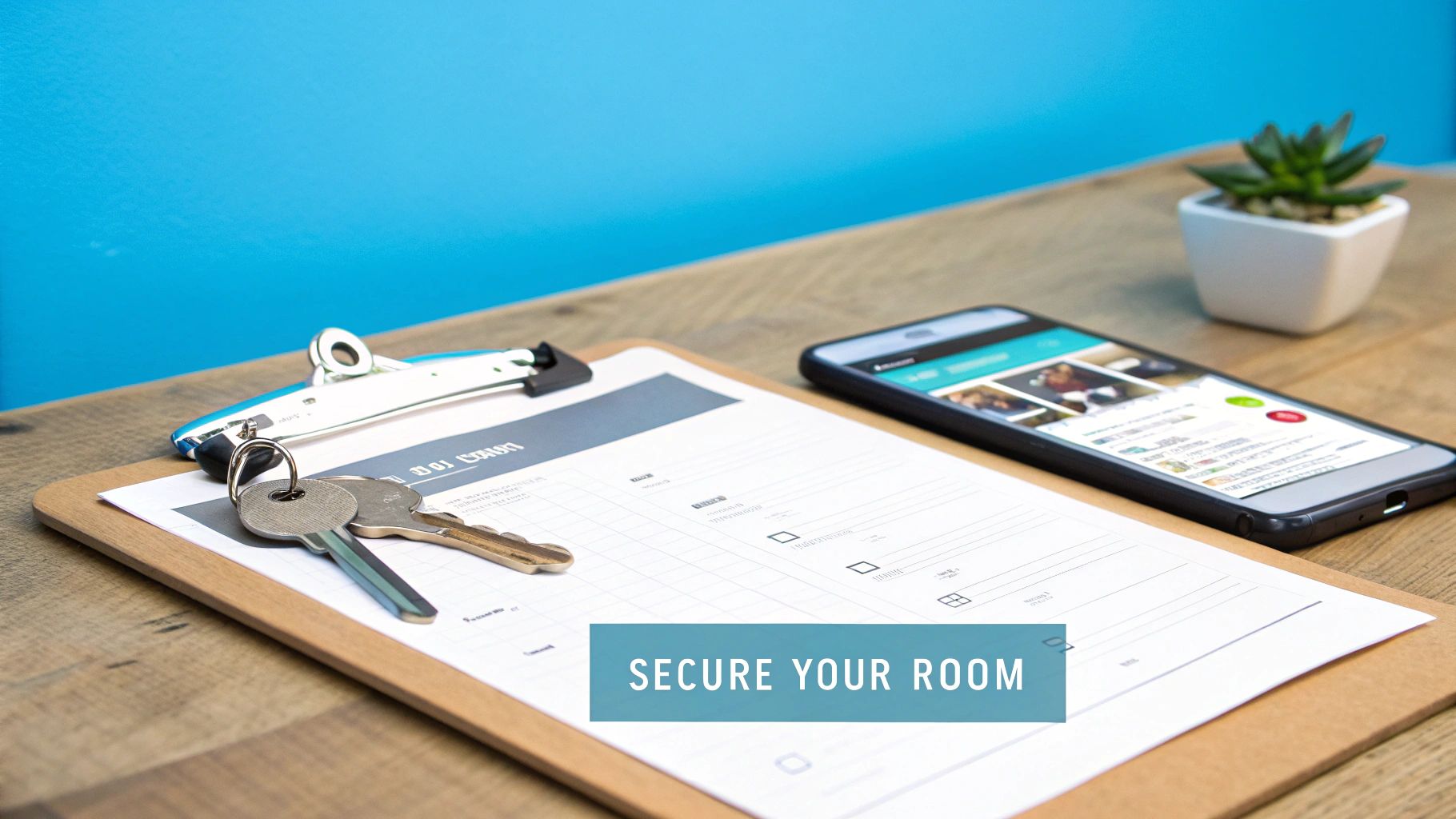 Clipboard with rental contract, keys, and smartphone showing property listings on wooden desk