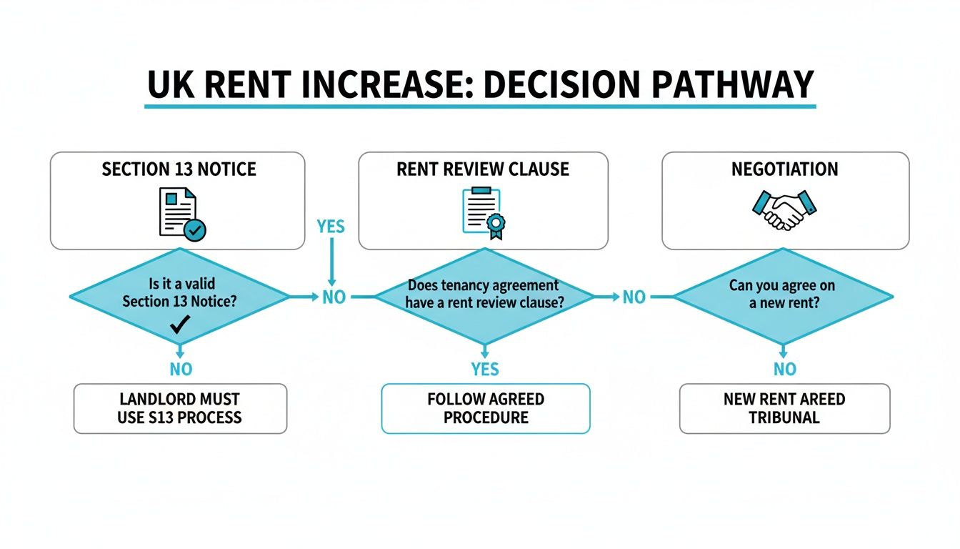 Flowchart illustrating the decision pathway for UK rent increases, including Section 13, rent review, and negotiation.