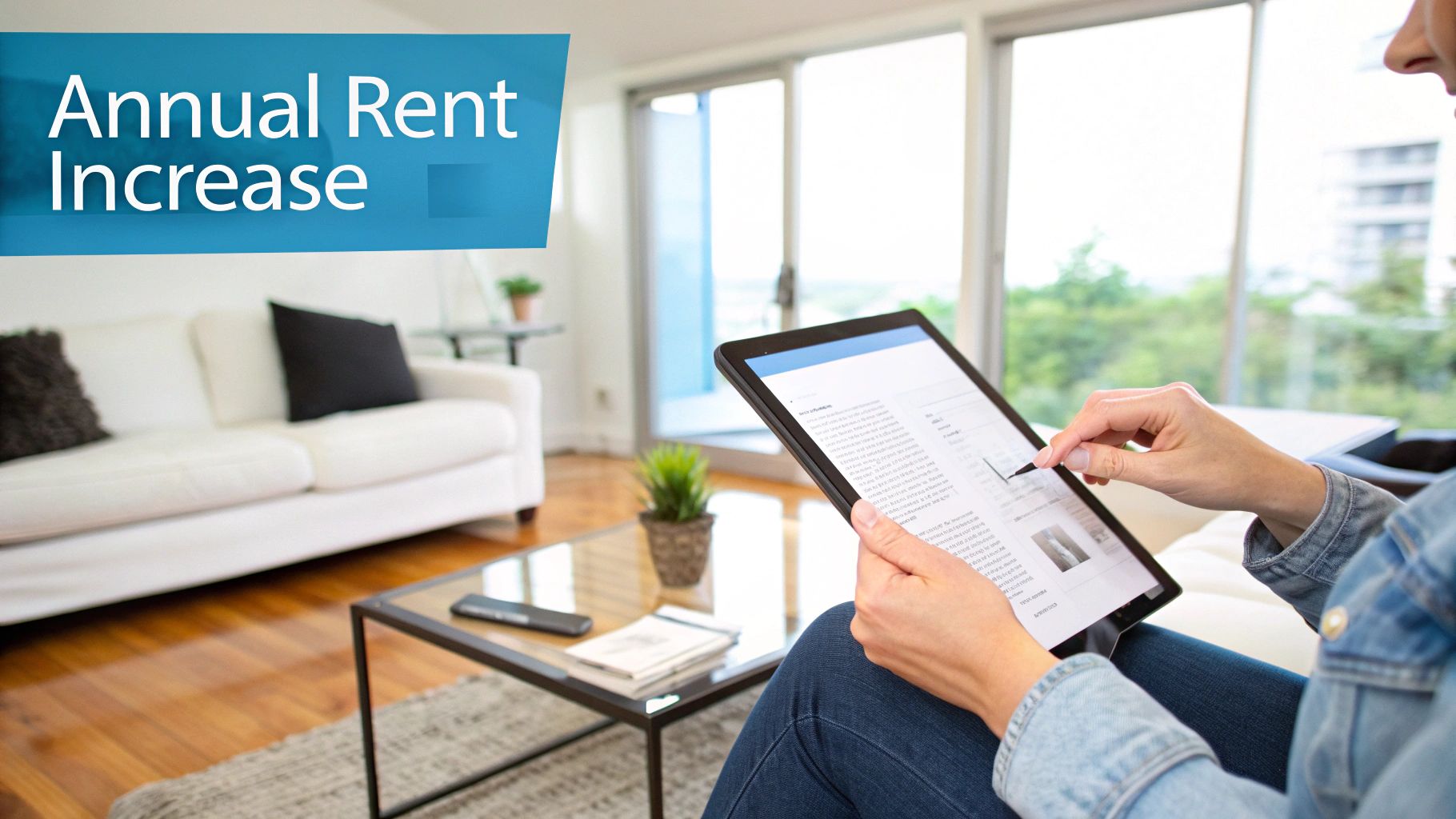 A person in a modern living room uses a stylus on a tablet, with an overlay showing 'Annual Rent Increase'.