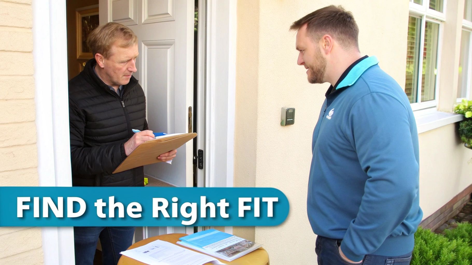 Two men discuss services at a home's entrance, one taking notes on a clipboard.