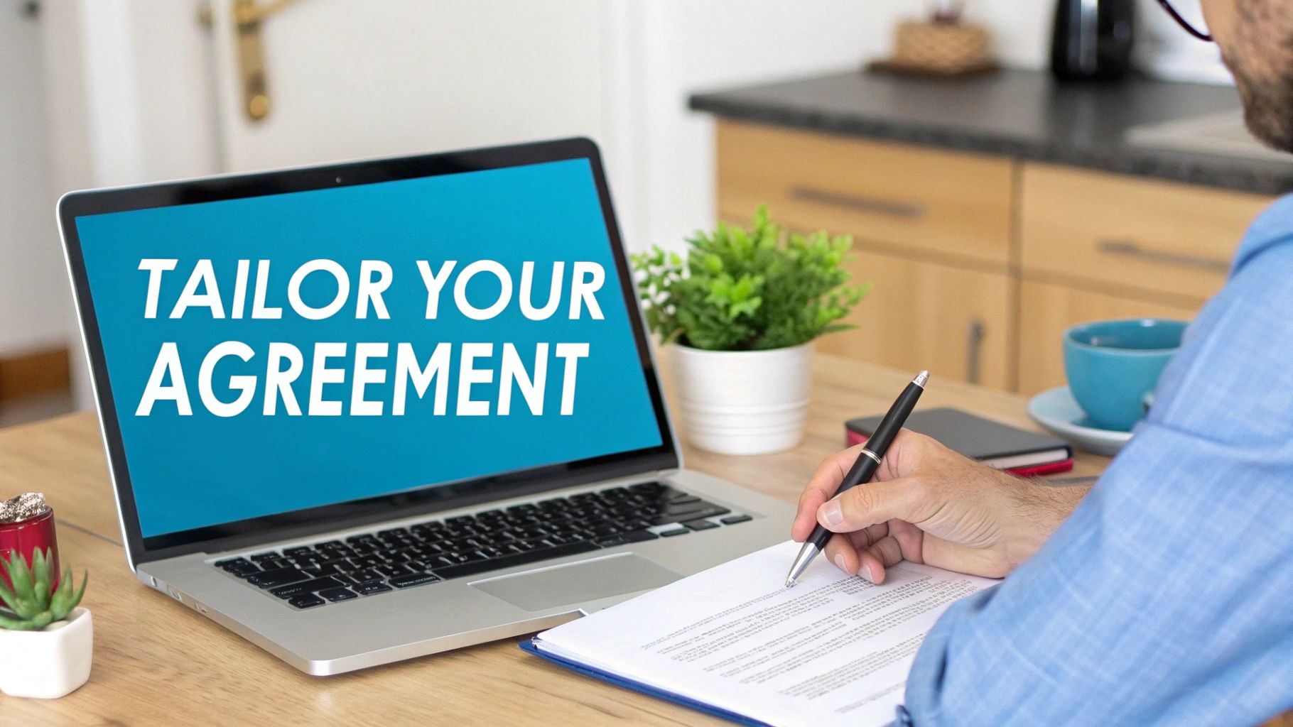 A person signs a document on a desk with a laptop showing 'Tailor Your Agreement'.
