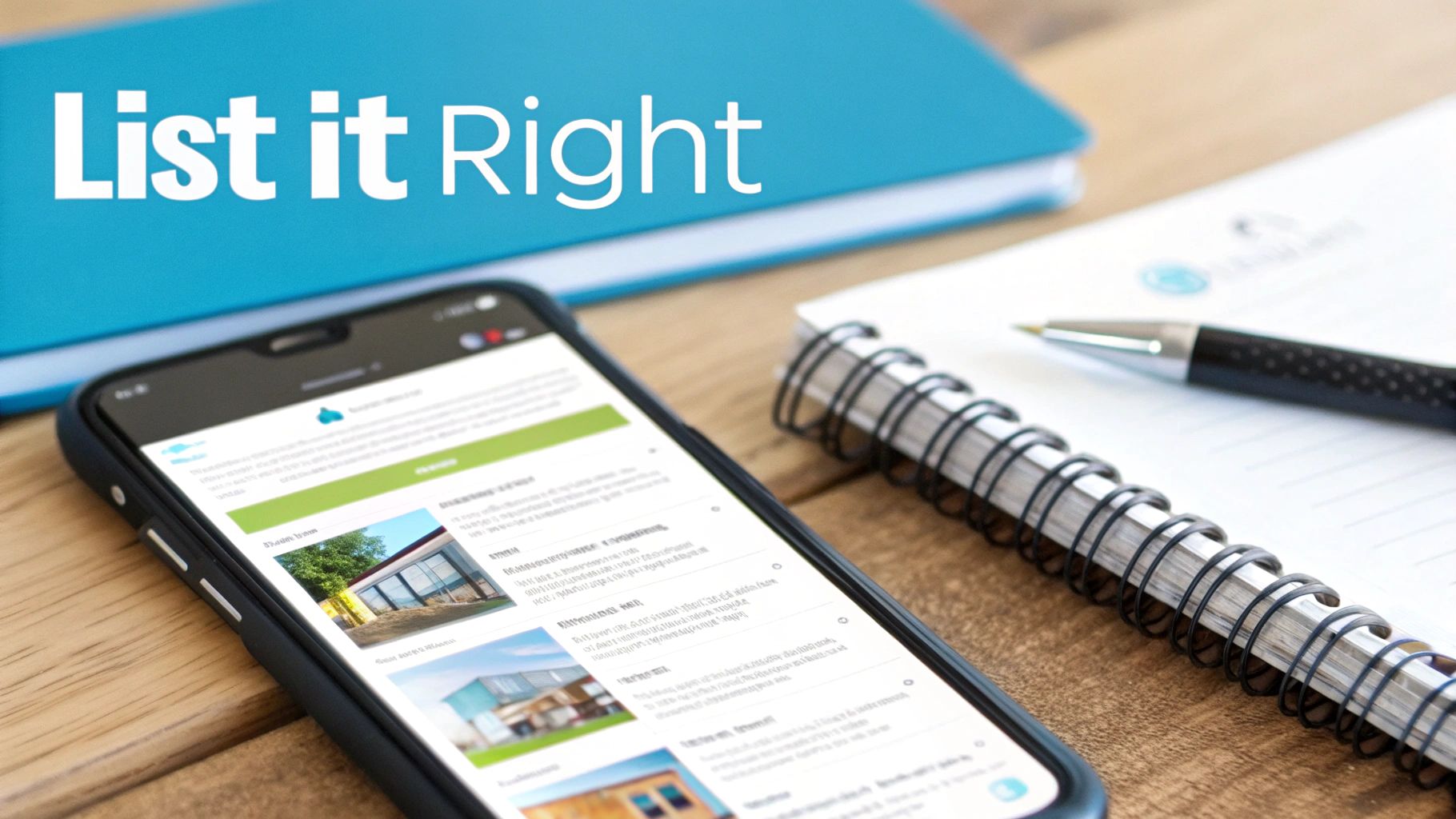 A smartphone displaying property listings next to a notebook, pen, and blue book with 'List it Right' text.