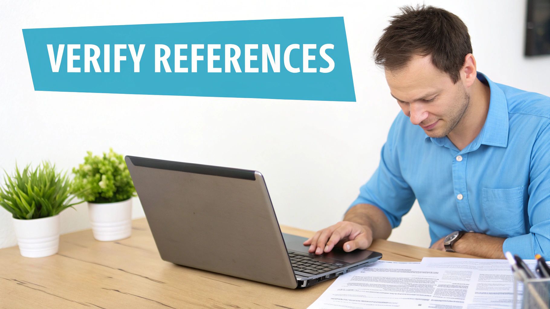 A landlord on a phone call at their desk, cross-referencing information on a laptop and tenancy application form.