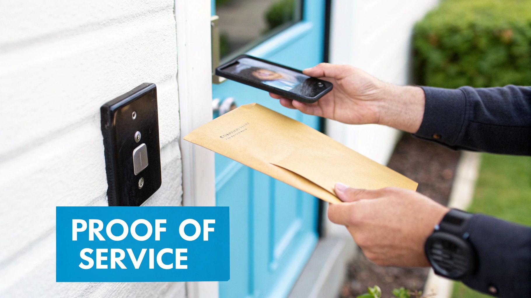 Hands holding a smartphone and an envelope near a doorbell on a house, depicting legal service.
