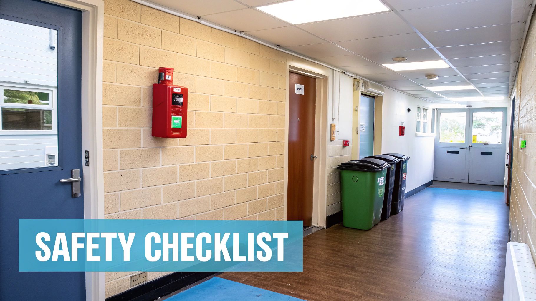 A well-lit building hallway featuring brick walls, a blue door, a red safety device, and green bins.