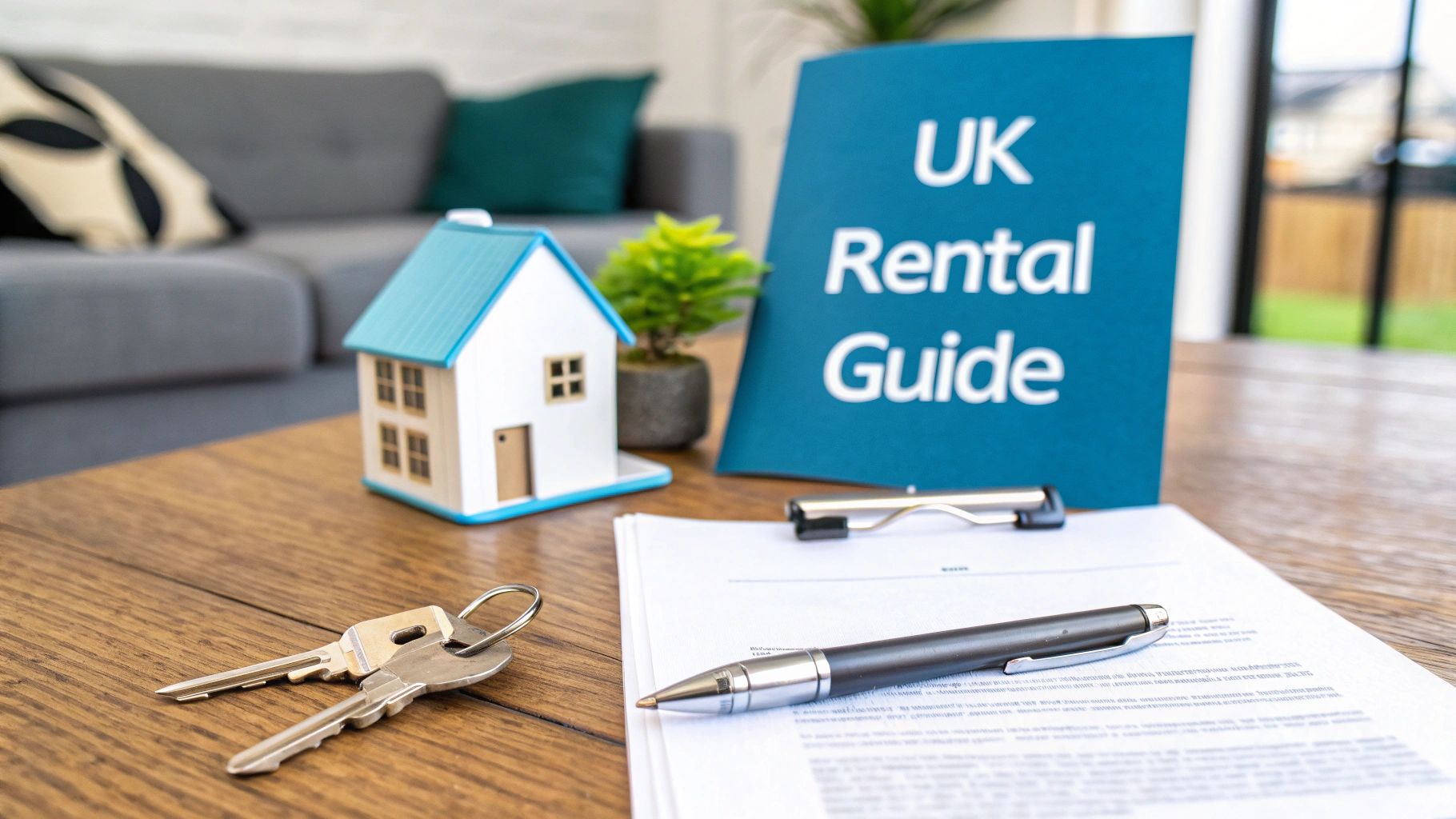 A miniature house, keys, pen, and UK rental guide on a wooden table, suggesting property rental.