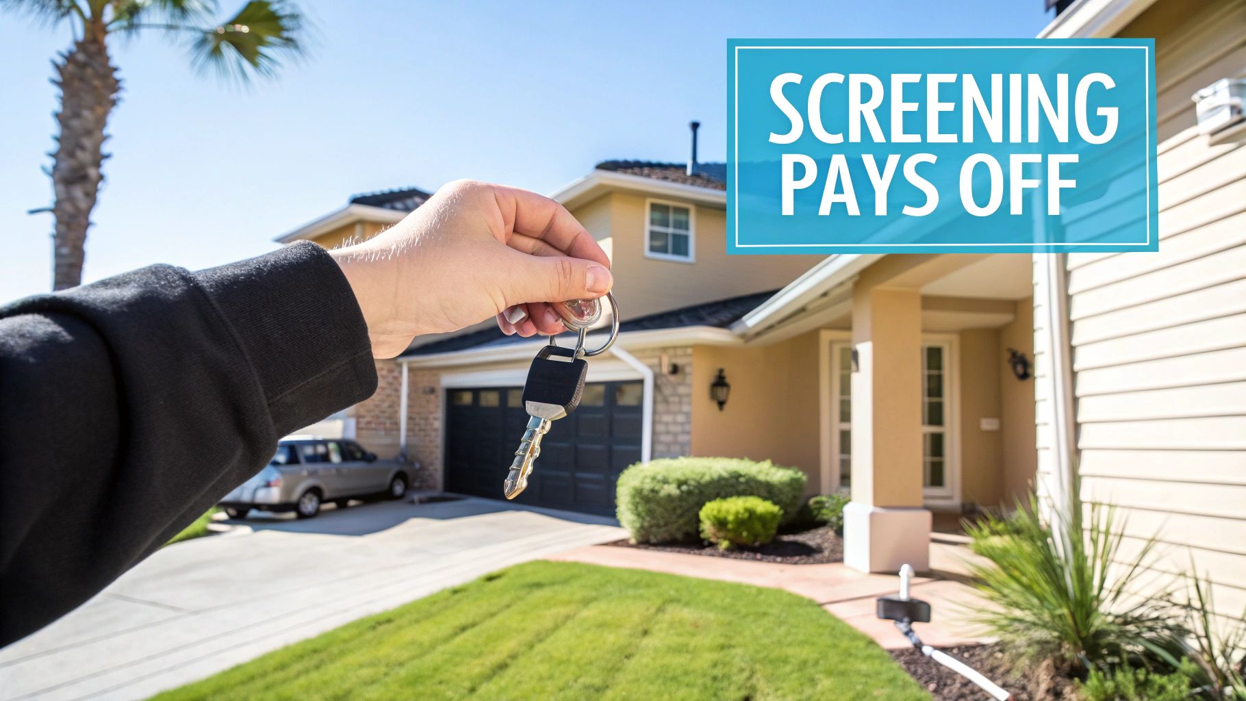 A hand holds house keys in front of a suburban home with a 'SCREENING PAYS OFF' text overlay.