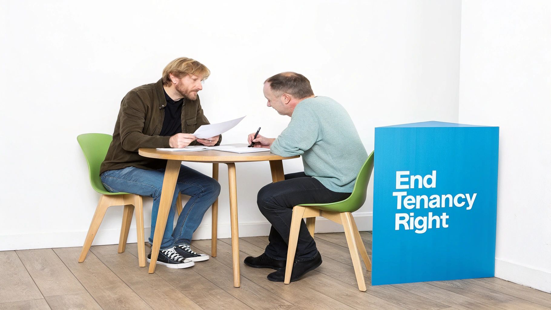 Two men at a table discuss and sign documents next to an 'End Tenancy Right' sign.