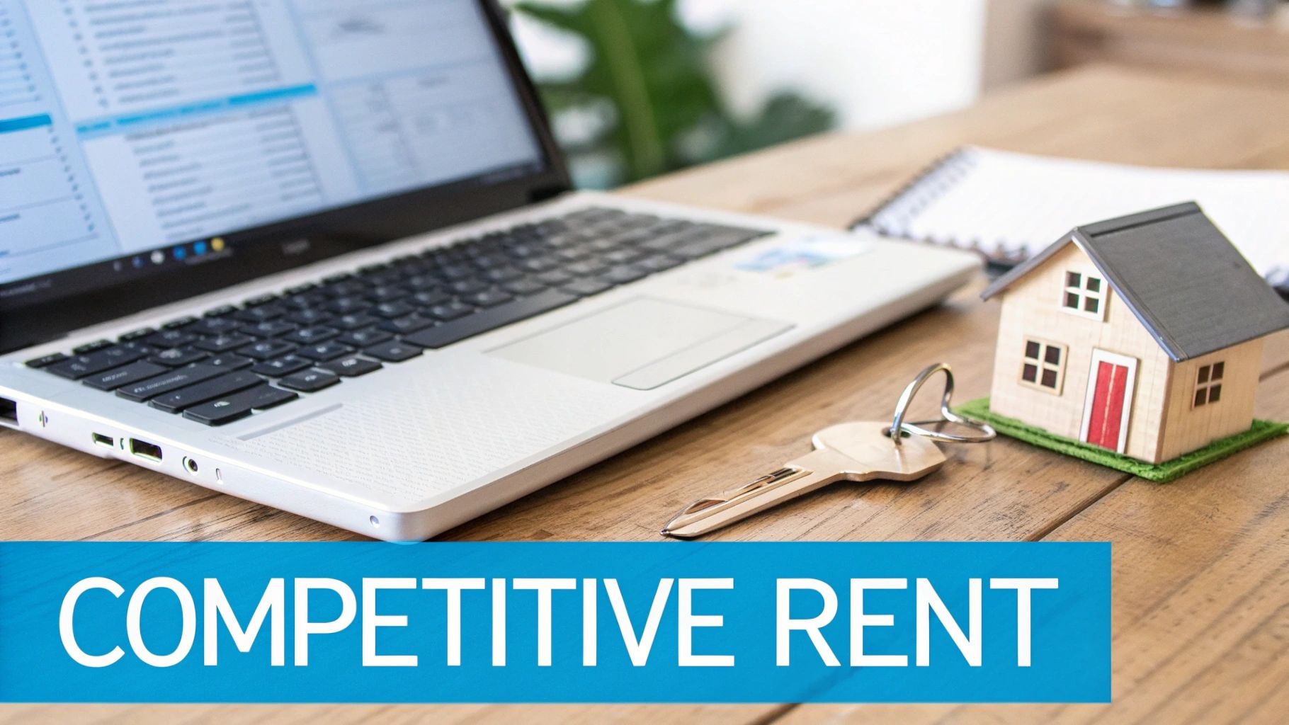 A laptop, miniature house, and key on a wooden desk, advertising 'COMPETITIVE RENT'.