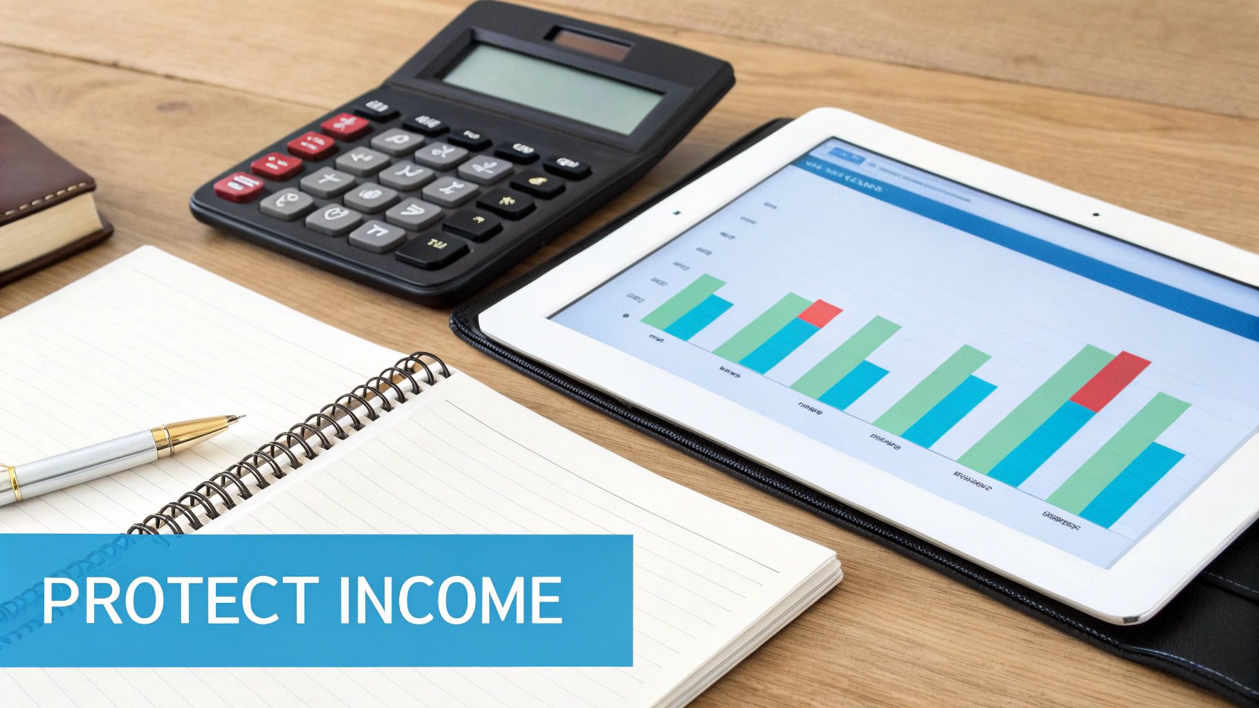 A desk with a calculator, tablet showing financial charts, notebook, and pen with 'PROTECT INCOME' text overlay.